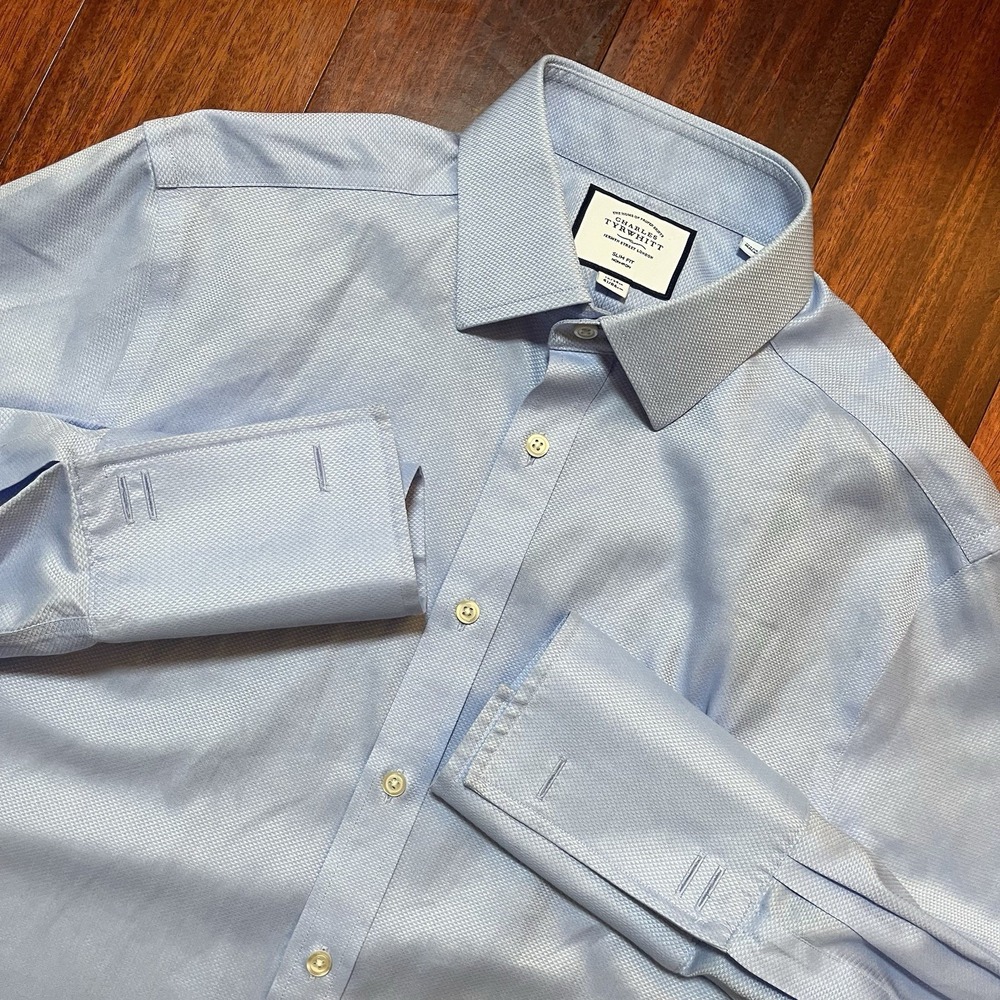 Charles Tyrwhitt Shirt Mens 16/34 French Cuff Slim Fit Non Iron Solid Blue Dress